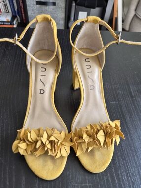 Unisa Yellow Floral Suede Block Heel Sandals